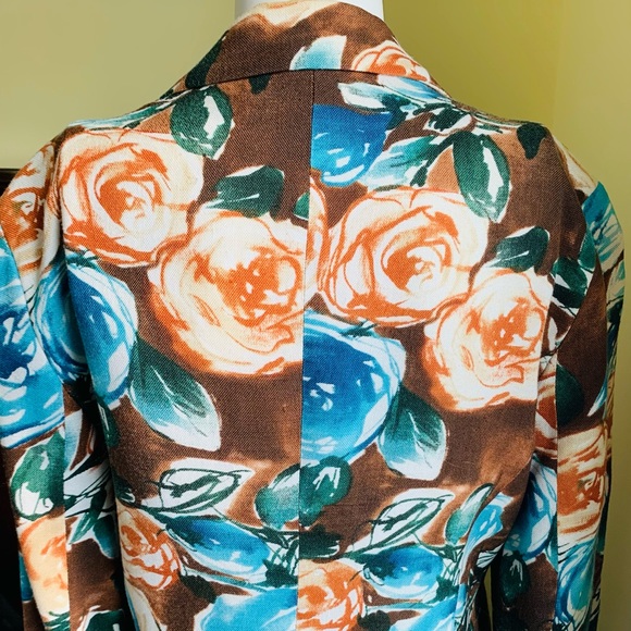 Zara floral light brown short blazer bright orange & blue roses collared US 10 - Picture 10 of 11